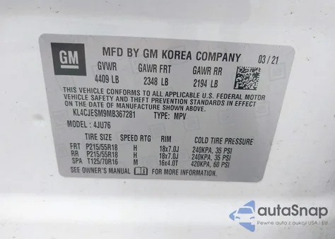2021 Buick Encore Awd Preferred z USA, uszkodzony, nr VIN KL4CJESM9MB367281